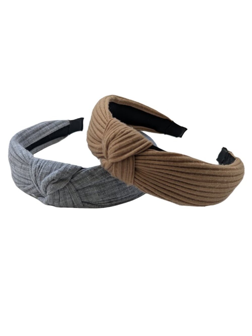 Ribbed Knot Headbands set of 2 Neutral Grey Tan - Picture 2 of 6